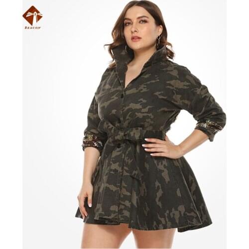 Sequins Umbrella Skirt Belt Camouflage Plus Size Long Coat Women Plus Size Clothing Trendy Single Breasted 2021 New Womens Coat