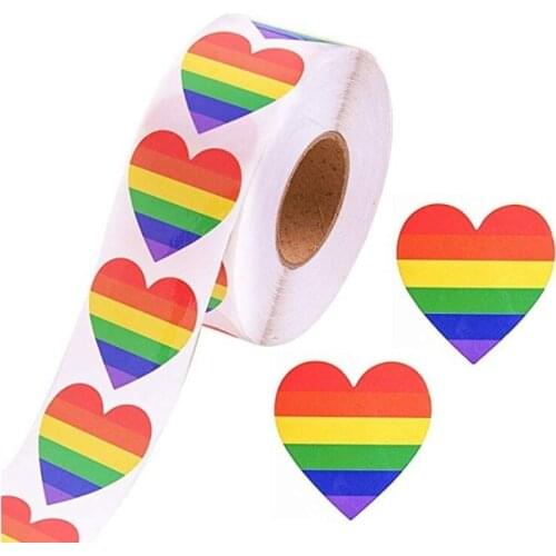 1.5Inch Love Gay Pride Rainbow Heart Ribbon Sticker 6 Color Striped Heart Shaped 500pcs/roll Supporting The LGBT Spreading love