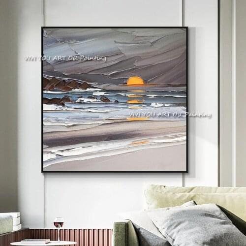 100% Hand-painted Ocean Abstract Oil Painting Sunset Stone Landscape Mural Modern Canvas Large-size Wall Decorative Art