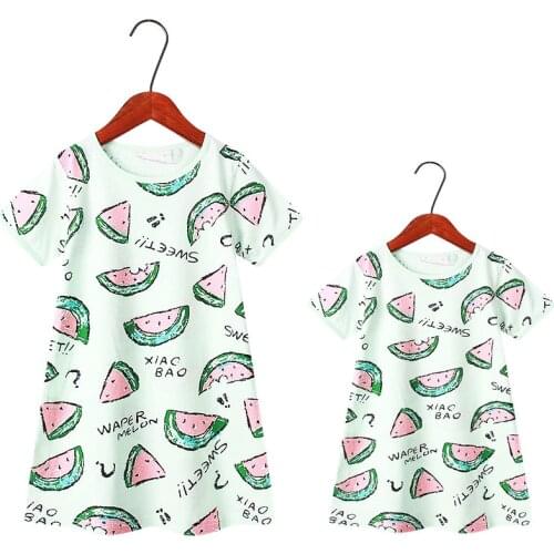 2021 Family Matching Clothes Big Girls Summer Outfits 100% Pure Cotton Summer Pajamas Mommy and Me Nightdress Cartoon Sleepwear