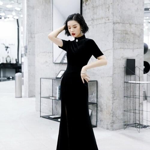 Black Fishtail Cheongsam Young Style Autumn Spring Female Temperament Chinese Style Evening Dress Improved Version Qipao Hanfu