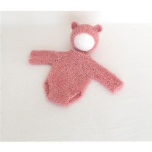 Fuzzy Knit Bear Hat Pink Baby Girl Suit Crochet Newborn Overalls Suit Baby Girl Outfit Vintage Newborn Bonnet Romper Photo Props