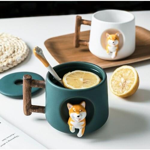 Cute Shiba Inu Ceramic Mug, new 3D Relief Cartoon Ceramics Cat Dog Mug Set With Saucers Spoon Coffee Mugs christmas great Gift