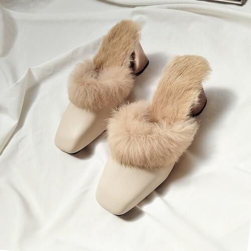 Autumn winter retro square toe mules women warm plush fur slippers metal thick heel slip on flip flops comfort furry hair slides