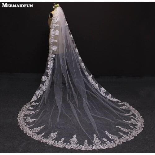 One Layer Lace Edge 3 Meters Bling Sequins Cathedral Wedding Veil with Comb 3M White Ivory Bridal Veil Sluier