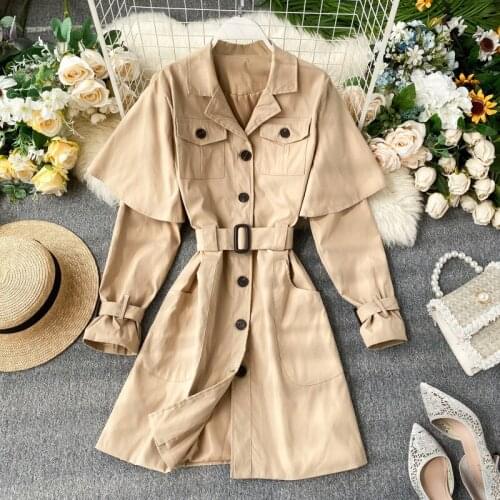 Autumn and Winter New Womens Windbreaker Mid-length Coat Womens Retro Cloak Shawl Breasted Temperament Dress