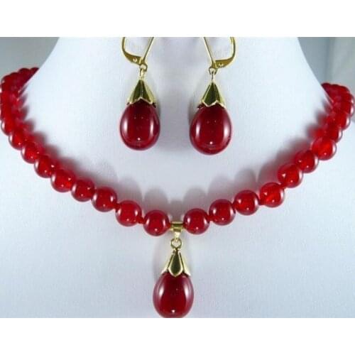 Free Shipping charrming 8mm Red Ruby Gemstones Necklace Earring set 18"AAA