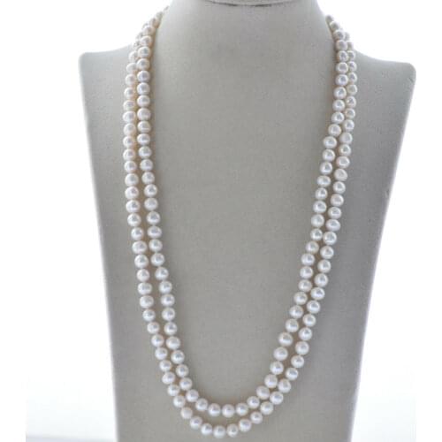 2Row 22" 8mm White Round Freshwater Pearl Necklace CZ