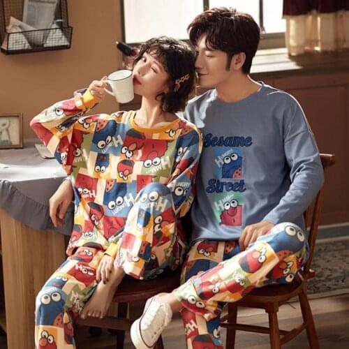 Autumn Sleepwear Set Women Cookie Monster Cotton Cartoon Couple Pajamas Biscuits Lovers Nightwear Anime pijamas Party Costume
