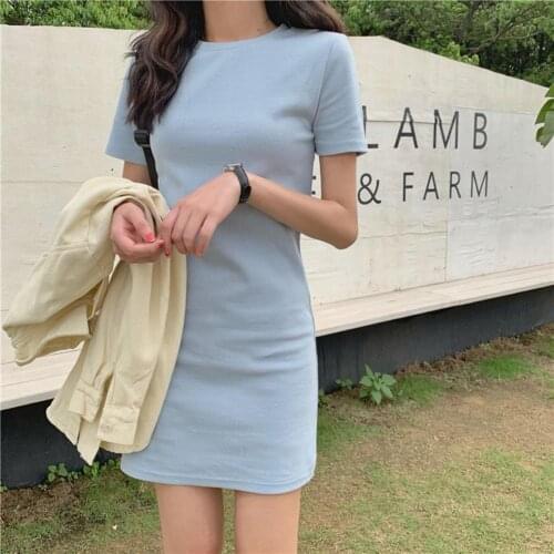 50%HOTWomen Dress Solid Color Simple Summer O Neck Short Sleeve Skirt for Dating