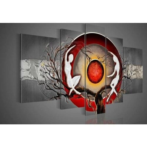 Hand-painted wall art silver big tree red sun dance wall decoration abstract Landscape oil painting on canvas 5pcs/set framed