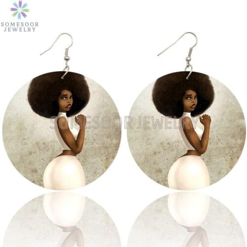 SOMESOOR Afro Curly Beauty Lady Loops Wooden Drop Earrings Black Natural Hair Art Printed Ethnic Dangle Jewelry For Women Gifts