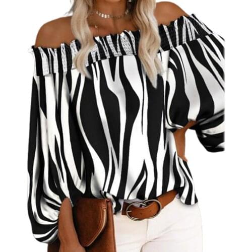 Autumn Blouse Women Striped Print Blouse Puff Sleeve Thin Off Shoulder Loose Fit Shirt Summer Pullover Top Shirt Streetwear