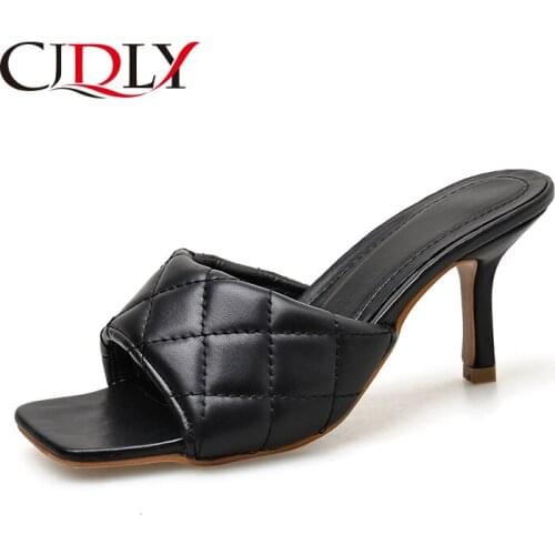 CJDLY Hot Selling Padded Leather Mules Slippers Square Open Toe High Heels Summer Party Shoes Woman sandals zapatos mujer