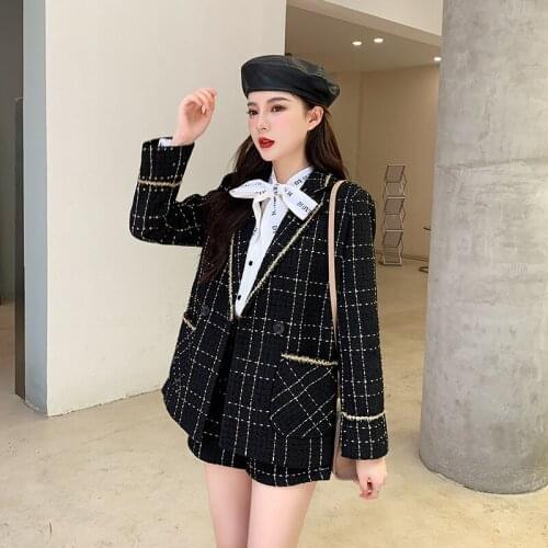 Autumn And Winter Fashion Temperament Golden Silk Plaid Suit Jacket High Waist Shorts Wide Leg Pants Two Piece Womens Clothing