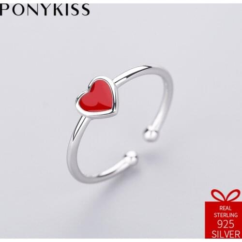 PONYKISS Romantic 100% 925 Sterling Silver Red Heart Opening Resizable Creative Ring Jewelry Women Birthday Party Anniversary