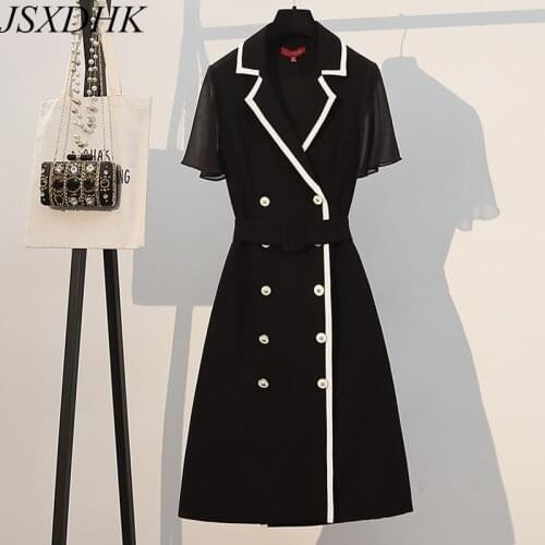 JSXDHK Large Size Office Ladies A Line Dress 2021 New Summer Women Notched Collar Double-Breasted Work Elegant Dresses With Belt