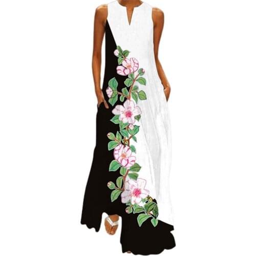 Lady Dress Floral Printing Comfortable to Wear Summer V-Neck Sleeveless Pocket Maxi Dress for Home