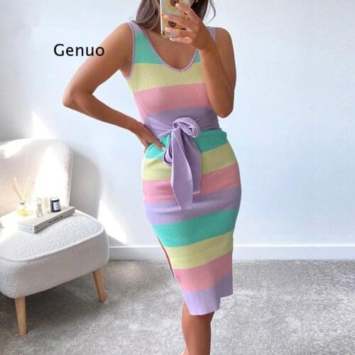 Knitted Summer Dress Women Sexy Candy Bodycon Midi Dresses Female V Neck Elegant Bandage Casual Sleeveless Stripe Party Dresses