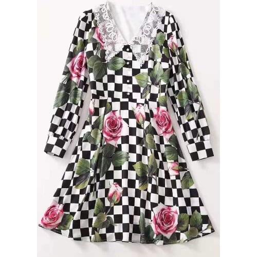 Europe and the United States womens spring 2021 new style long sleeve lace print coat lapel lattice rose trend