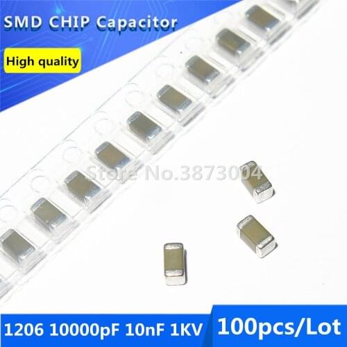 100pcs 1206 10000pF 10nF 0.01uF 1KV 5% COG/NPO Thick Film Chip Multilayer Ceramic Capacitor