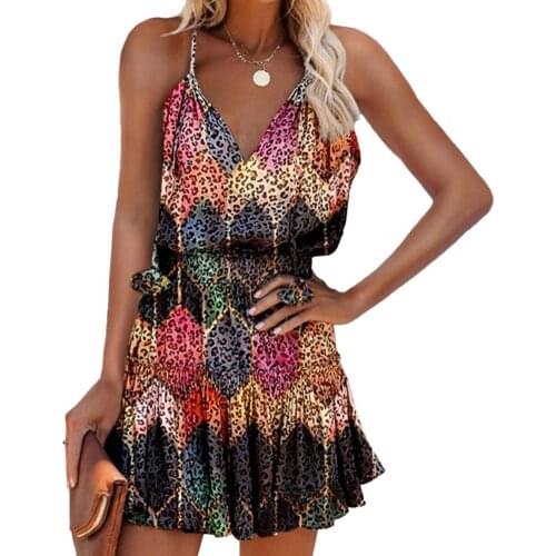 2021 Sling Women Dress Spaghetti Straps Floral Print Women V Neck Ruffle Hem Mini Dress for Beach Women Clothing платье