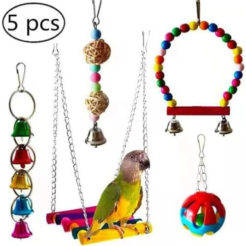 5Pcs Bird Parrot Toys, Bird Swing Toy Colorful Chewing Hanging Hammock Swing Bell Pet Climbing Ladders Toys Bird Toys