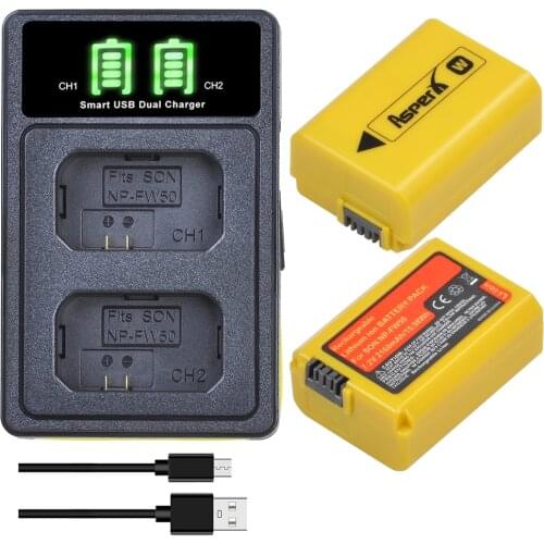 2Pcs 2160mAh NP-FW50 NP FW50 Batteries + LED Built-in USB Charger for Sony A6000 Battery A6400 A6300 A6500 A7 A7II A7RII A7SII A