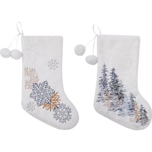 White Christmas Stocking Decorations Wool Ball Embroidery Snowflake Xmas Tree Hanging Ornaments Pendant Children Holiday Gift Ba