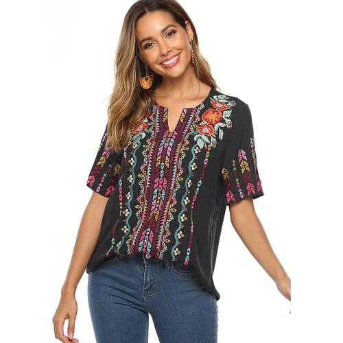 KHALEE YOSE Floral Embroidery Blouses Shirt Black Cotton Summer Boho Mexican Shirts Plus Size 2xl 3xl Ethnic Hippie Tops 2021
