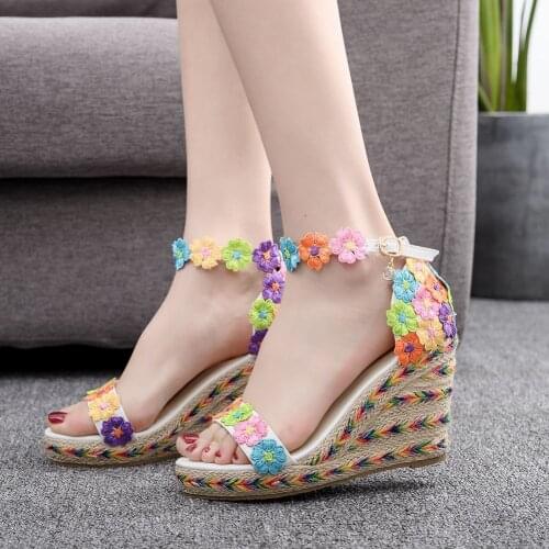 New Arrive Womens Sandals Cork Wedges Heel Sandals Wedge Flowers Buckle High Heels Women Shoes Big Size Cool Summer Shoes H0027
