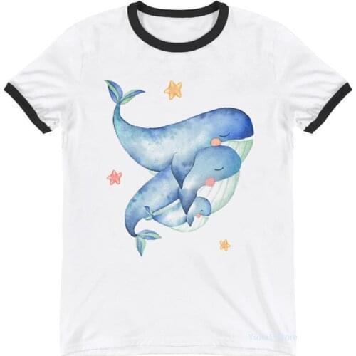 Watercolor Whales Family Print T-Shirt WomenS Clothing Funny Tee Shirt Femme Harajuku Kawaii Clothes Harajuku Shirt Tops