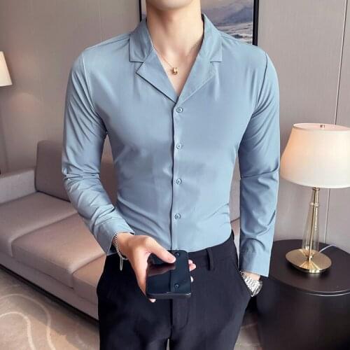 New Design Mens Suit Collar Shirts Plain Long Sleeve Slim Fit Tops England Style Party Prom Dress Clothing Casual Blouse Male