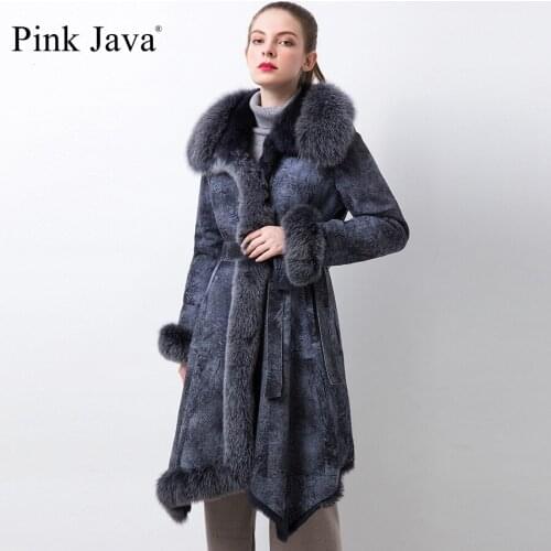 Pink java QC20073 NEW ARRIVAL wonem winter coats real fur coat natural rabbit fur long coat shearing real fox fur collar