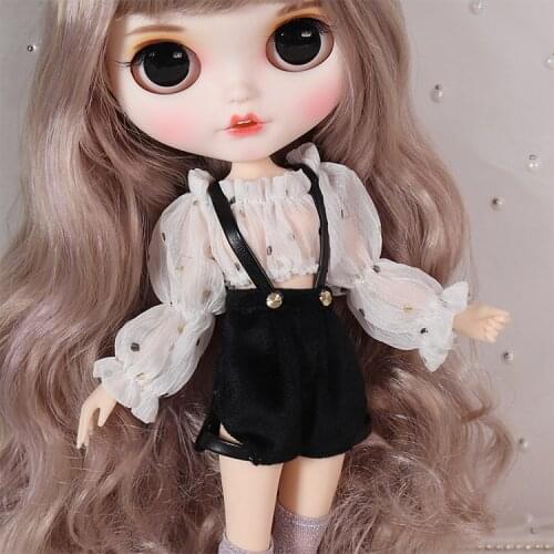 Blythes 1/6 Size Doll Clothes One Character Collar Poly Dot White + Black Straps Lady Doll Set Accessories