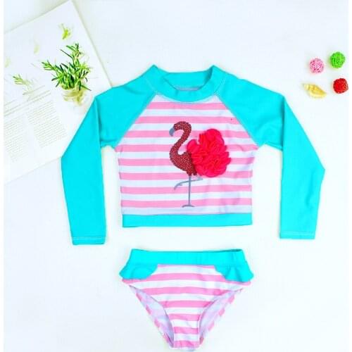 2-7 Years Girls' Swimsuit Two Piece Pink Flamingo Split Long-sleeved Sunscreen Hot Spring Swimming Childrens Swimsuit