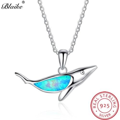 Blaike Genuine S925 Sterling Silver Animal Fine Jewelry Blue Fire Opal Shark Pendants & Necklaces For Women Best Birthday Gifts