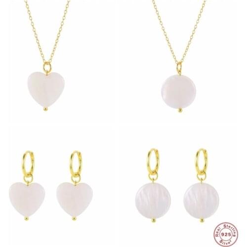 Aide 925 Sterling Silver Milky White Shell Charm Dangle Earrings Cream Color Round Heart Pendant Necklace Hoop Earrings Jewelry