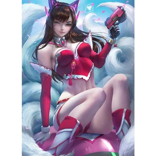 Print Anime Sexy Girl Pink Uniform Ahri Art Canvas Poster Custom Video Games Overwatch Wall Picture Decoration Painting for Room