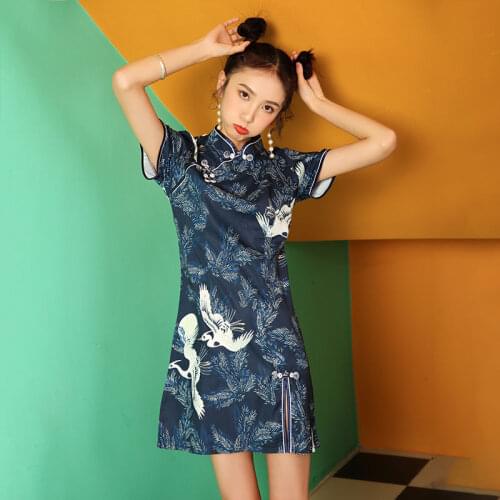 Retro Traditional Chinese Style Disc Buckle Crane Pattern Slim Split Vestidos Young Improved Cheongsam Dress Short Sleeve Qipao