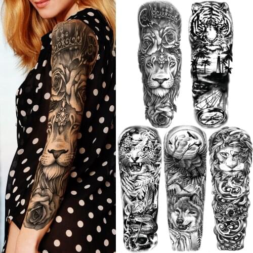 Realistic Fake Rose Lion Temporary Tattoo For Women Men Black Forest Tiger Tattoos Sticker Full Arm Sleeve Wolf Tatoos Body Art