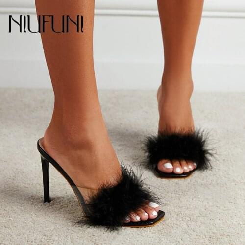 NIUFUNI Summer Open Toe Womens Slippers 2021 Stiletto Rabbit Fur High Heels Slides Slip-On PVC Transparent Sandals Square Head