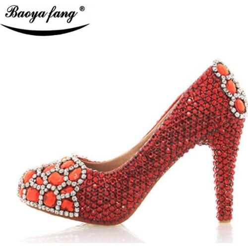 Fashion red/silver crystal Bridal Wedding shoes Women fashion High heels Pumps woman real leather Platform shoes round toe High
