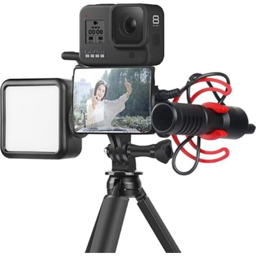 Vlog Mirror Bracket Live Selfie Expansion Accessories for Gopro Hero 9/8/7/6/5 Black,Two Cold Shoe for Light Microphone Adapter