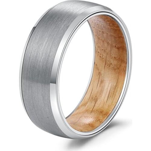 POYA TUNGSTEN Ring for Men 8 mm Beveled Edges Matte Finish Wedding Band Inlay Whiskey Barrel Wood