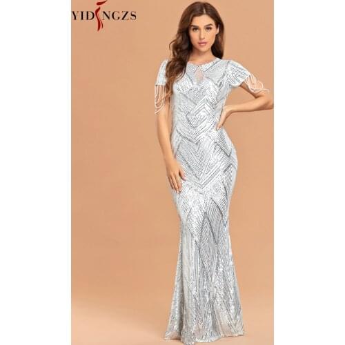 YIDINGZS Elegant Short Sleeve Beaded Party Bodycon Maxi Dress Women White Silver Sequin Evening Dress