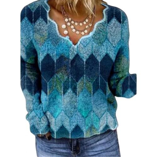 Women Fashionable Long Sleeve V Neck Geometry Floral Print Leisure Blouse Top