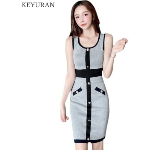 Women Korean Knitted Dress Sexy Sleeveless O Neck Slim Pencil Dresses Summer Elastic Bodycon Streetwear Short Dress Vestidos