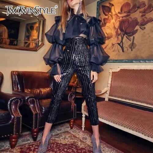 TWOTWINSTYLE 2020 Spring Leopard Print Shirt Blouse Women Bowknot Lace Up Puff Long Sleeve Chiffon Tops Female Vintage Fashion