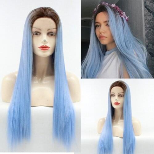 Ombre Blue Wig Long Straight for Women with Middle Part Dark Roots Costume Cosplay Wig Heat Resistant Fiber Party Synthetic Wig